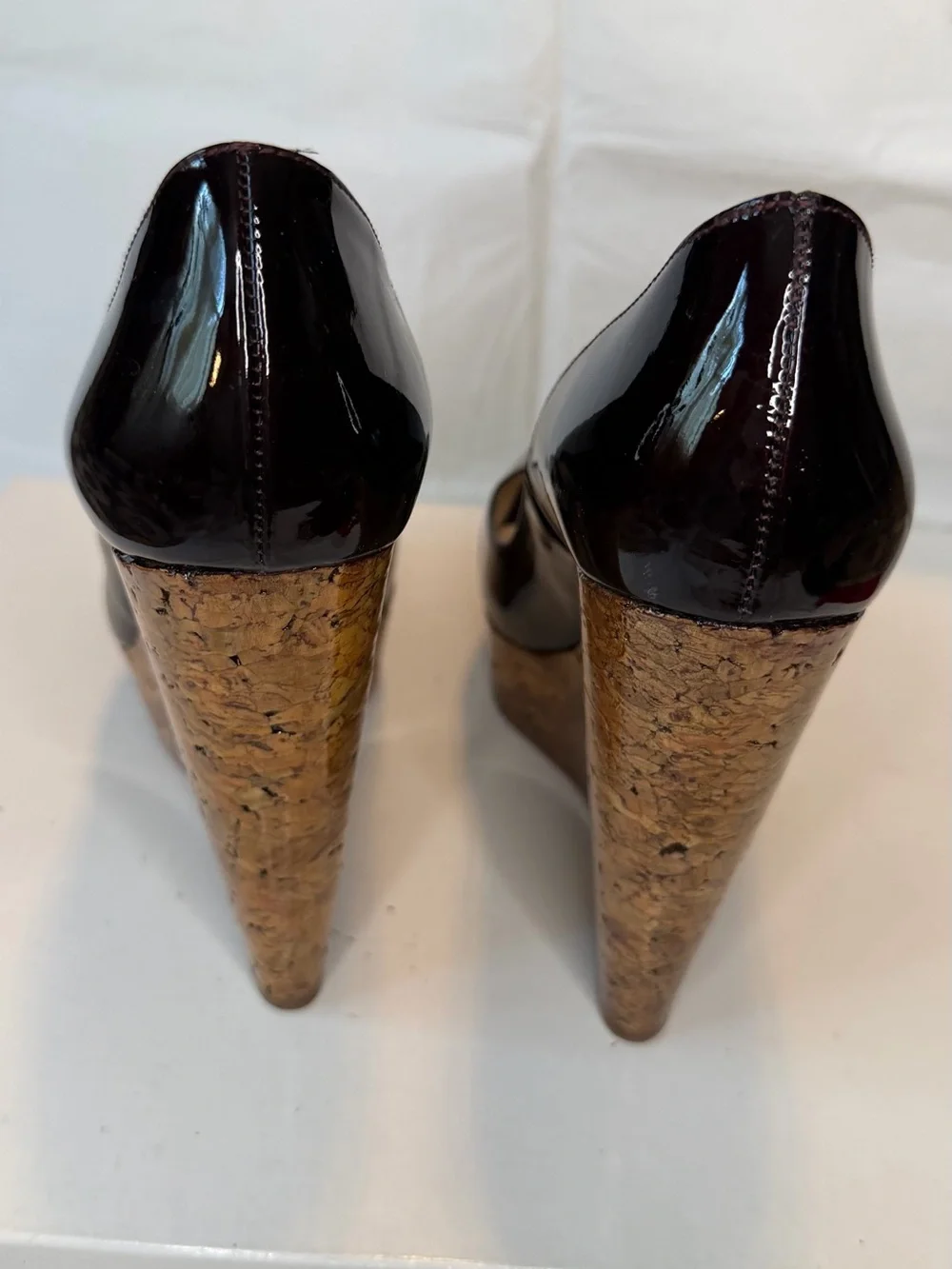 Christian Louboutin Black Patent Peep-Toe Cork Platform Wedges